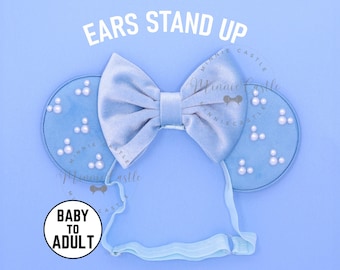 Sky Blue Mouse Ear with Mickey Pearls, Minnie Ear Elastic Headband for All Ages, Baby to Adult, Mickey Pearl Ears, Comfortable & Adjustable