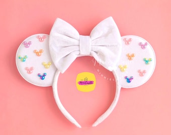 Weiße Micky Perle Ohren, Minnie Regenbogen Perle Maus Ohren, Pastell Regenbogen Charme Micky Ohren, Samtschleife Maus Ohren Stirnband, Disney Fan Geschenk
