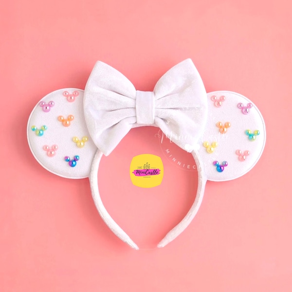 White Mickey Pearl Ears, Minnie Rainbow Pearl Mouse Ears, Pastel Rainbow Charm Mickey Ears, Velvet Bow Mouse ears headband, Disney Fan Gift