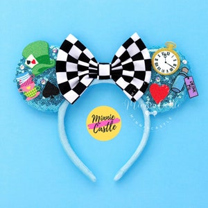 Wonderland Mouse Ears Headband | Mad Hatter Tea Party Checkered Bow | Costume Theme Park Accessories