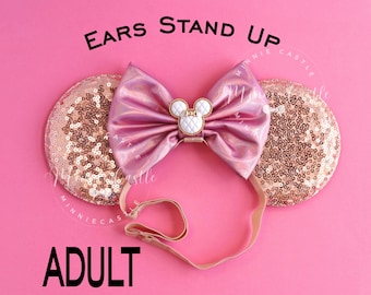 Minnie Ears Elastic Headband, Mickey Ears, Women Adults Mouse Ears, Rose gold Pink Minnie Charm Mickey Ears, Mickey Ears Elastic Headband