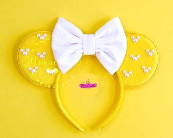 Mouse Shaped Pearl Yellow Suede Ears | White Velvet Bow Headband for Kids Adults | Theme Park Accessory