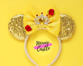 Enchanted Rose Mouse Ears Headband | Yellow Gold Sequin Princess Crown | Theme Park Accessories