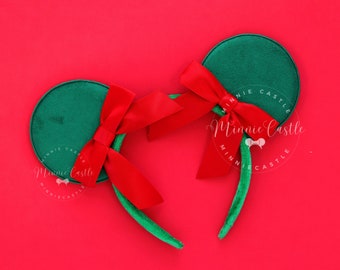 Christmas Ears, Mickey Ears, Coquette Ribbon Bow Minnie Ear, Red Double Bow with Green Mouse Ear, Christmas Gift for Girls, Kids & Adults