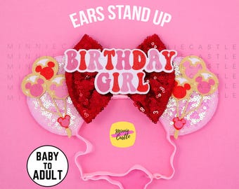 Birthday Girl Mouse Ears, Mickey Ears, Pink & Red Minnie Ears for Baby to Adult, Balloon Mickey Ears, Elastic No-Pain Fit, Party Gift Idea