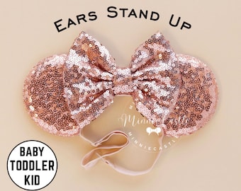 Rose Gold Mickey Ears, Mickey Ears, Baby Toddlers Minnie Ears, Minnie Ears, Mouse Ears with Elastic Headband, Toddler Mickey Ears