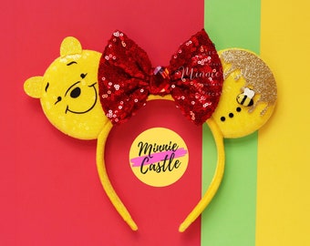 Honey Yellow Bear Mouse Ears with Bow | Dripping Gold Honey Bee Red Sequin Headband | Magic Theme Park Accessories
