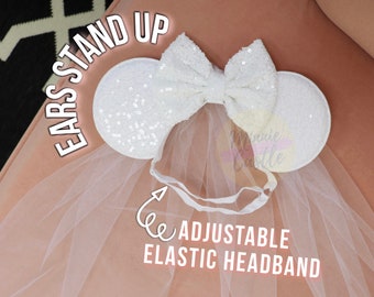 Bride Minnie ears, Bride Mickey ears, Mouse ears with adjustable elastic headband, Bride ears, No headache Minnie ears , wedding ears