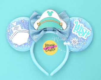 Nautical Captain Mouse Ears Headband Light Blue Sequin | Cruise Ship Sailor Hat Bow | Ocean Family Vacation Accessory for Kids & Adults