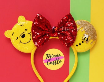 Honey Pooh Bear Ears, Mickey Ears, Bear Mickey Ears, Minnie Ears, Mouse Ears Headband, Bear and Honey Pot Ears, Characters Ears