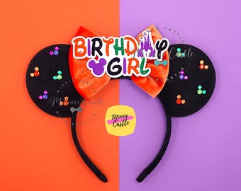 Birthday Girl Halloween Mouse Ears Headband | Orange Velvet Bow Black Suede Ears Gift