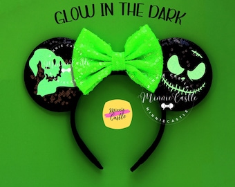 Oogie Spooky Halloween Mouse Ears Headband | Glow in the Dark Lime Sequin Band for Adults Kids Boo Bash