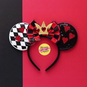 Queen of Hearts Ears | Halloween Mouse Ears Headband| Gold Crown Red Black Checkered Bow | Kids Adults Family Costume Vacation Gift