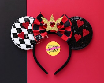 Queen of Hearts Ears | Halloween Mouse Ears Headband| Gold Crown Red Black Checkered Bow | Kids Adults Family Costume Vacation Gift