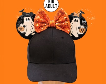 Halloween Ghost Mouse Ears Hat | Burnt Orange Black  Baseball Cap| Family Matching Gift for Adults & Kids