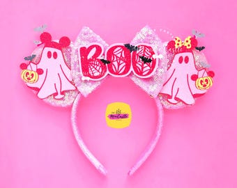 Pink Ghost Mouse Ears | Halloween Boo Headband |  Bats & Pumpkin | Kids Adults Costume Gift
