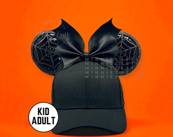 Black Bat Bow Spiderweb Mouse Ears Baseball Cap | Halloween Hat for Kids & Adults | Theme Park Accessory