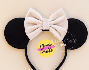 Mickey Ears, Ivory Bow Mouse Ears, Minnie Ears, Velvet Mickey Ears, Minnie Ears, Mouse Ears Headband, Mickey Ears, Velvet Minnie Ears