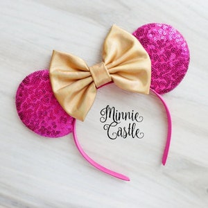 Mickey Ears, Minnie Ears, Fuchsia  Mickey ears, Gold Bow Mouse ears, Metallic gold Bow with Sequin classic ears, Mouse Ears Headband