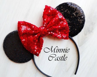 Minnie Mouse Ears Headband with big Red/White Polka Bow Premium Quality Fluffy Minnie Mouse Ears Headband with big Red/White Polka Bow Premium Quality Fluffy