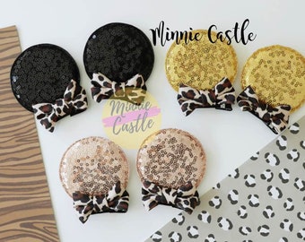Cheetah Print Mouse Ears Hair Clips | Black Gold Rose Sequin Leopard Safari Toddler Hair Pin  | Theme Park Accessory