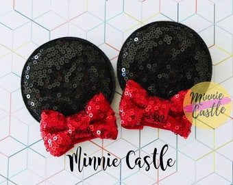 Mickey ears Hair clips, Minnie ears, Mouse ears, Minnie ears hair clips for kids and toddlers, Mickey hair pins, Red black sequin ears