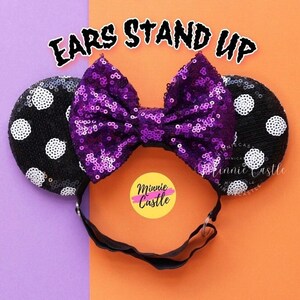 Halloween Minnie Ears Elastic Headband, Baby & Toddler Mickey Ears, Black White Polka Dots Mouse Ears, Purple Bow, Comfortable Stretch Band