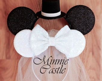 Bride & Groom ears, Bride ears, Bride Minnie mouse ears , White Bride Mickey ears Headband, honeymoon ears, Wedding ears, engagement ears