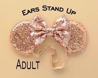 Minnie ears, Rose gold Minnie ears, Mickey Ears, Women adult Mouse ears with adjustable Elastic headband, Rose gold ears, comfortable ears