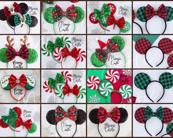 Minnie ears, Christmas Minnie ears. Christmas Minnie mouse headband, Mickey mouse ears, holiday Disney ears, peppermint, buffalo plaid ears