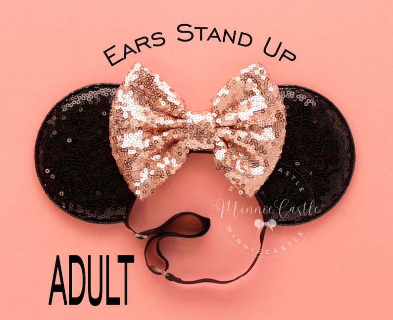 Black Sequin Mickey Ears Elastic Headband for Adults with Rose Gold Sequin Bow