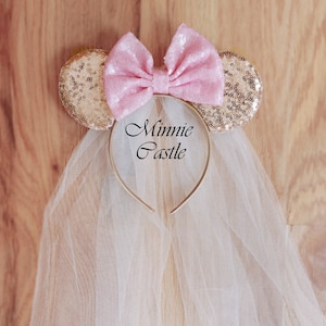 Bride Minnie ears, Bride Mickey ears with Veil , Rose Pink Bride ears, Mouse ears Headband, honeymoon ears, Wedding ears, engagement ears