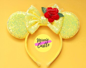 All Yellow Princess Ears with Large Rose | Mouse Ears Headband | Theme Park Accessory