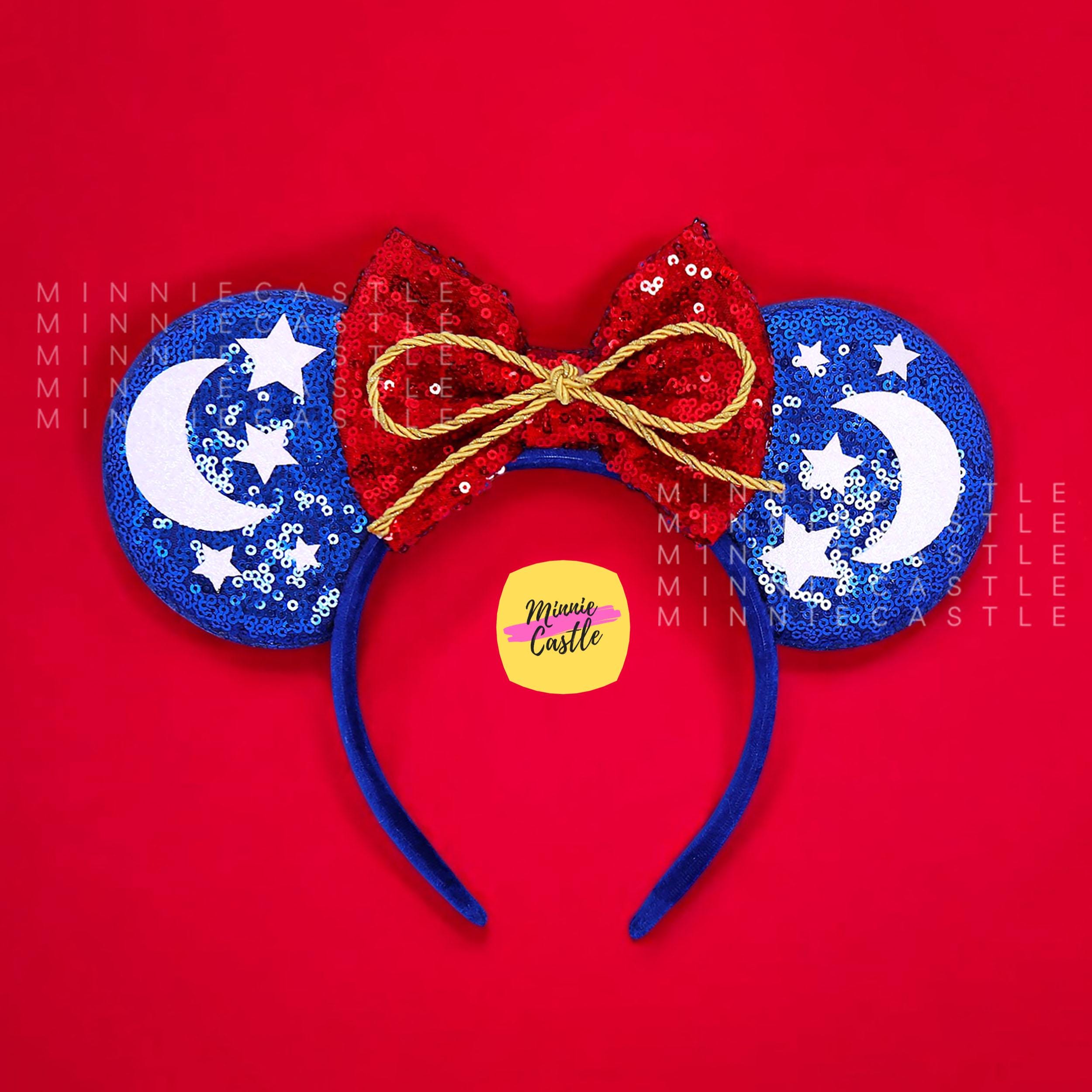 Sorcerer Mouse Ears, Mickey Ears, Fantasmic Minnie Ears Headband, Blue Red Ears with White Stars & Moon,  USA Mickey Ear for All Ages