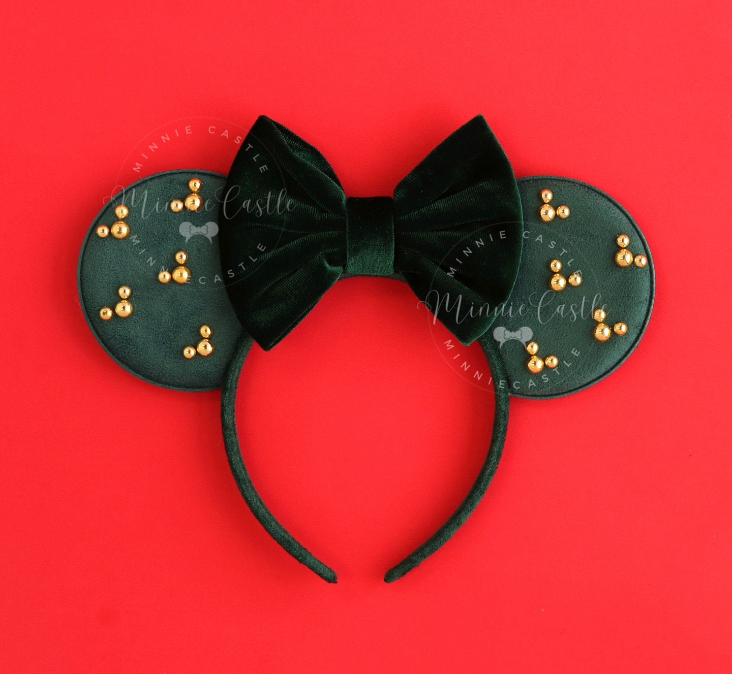 Emerald Green Velvet Bow Mouse Ears: Gold Pearl Mickey Ears  display picture 3