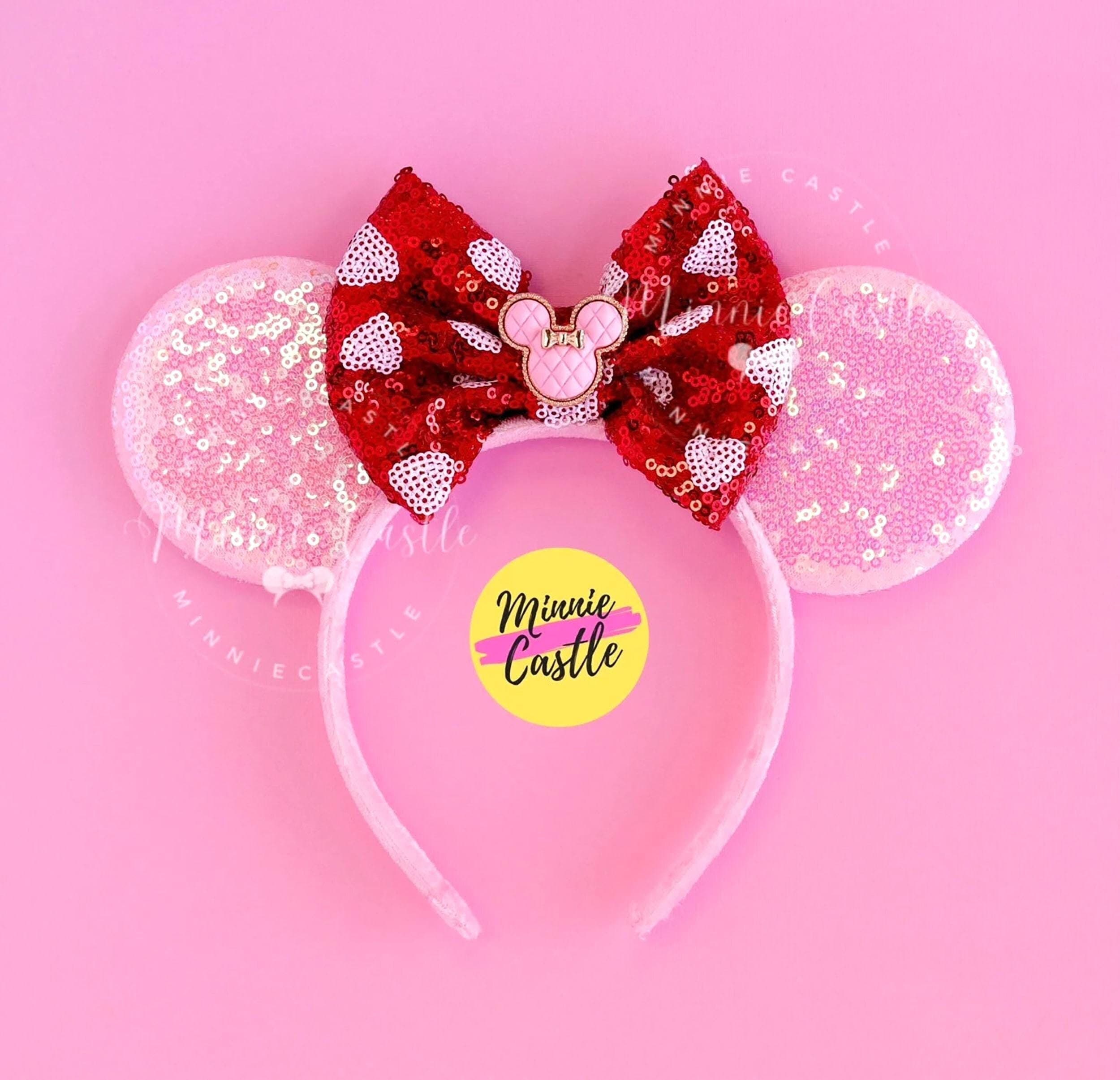 Disney Sequin Heart Minnie Ears Headband - Pink Bow, Red Hearts Mouse Ears Pink Red Heart Bow Headband Valentines Day Mickey  main image 4