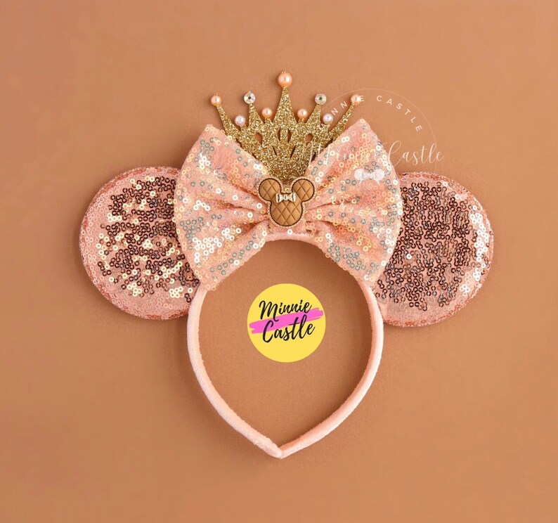 Rose Gold Mickey Ears with Crown, Minnie Ears, Mickey Ears, Princess Ears, Rose Gold Mouse Ears Headband, Birthday Ears, Mickey Ears image 1