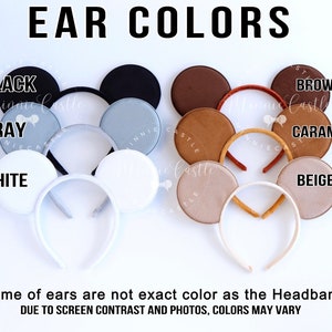 May include: A collection of six headbands with circular ears in various colors labeled EAR COLORS: black, gray, white, brown, caramel, and beige. The text states: Some of ears are not exact color as the Headband DUE TO SCREEN CONTRAST AND PHOTOS, COLORS MAY VARY.