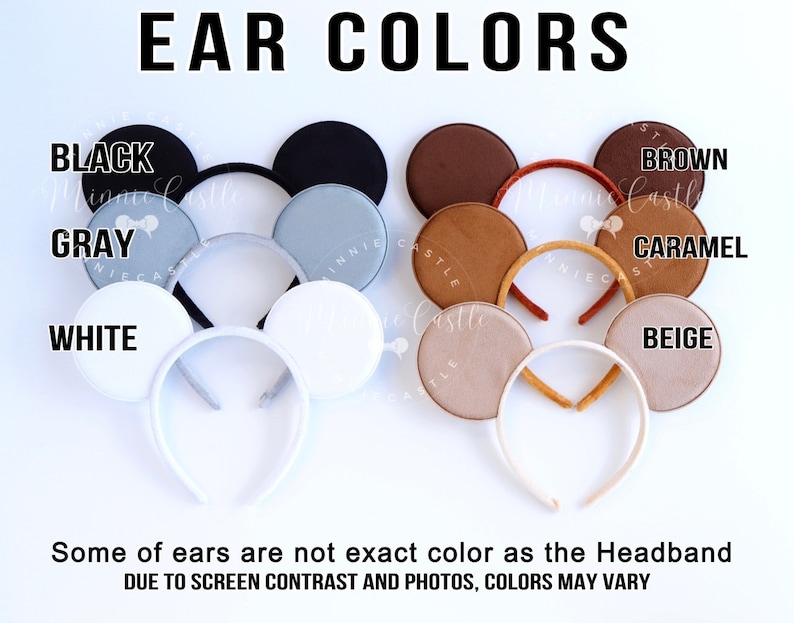 May include: A collection of six headbands with circular ears in various colors labeled EAR COLORS: black, gray, white, brown, caramel, and beige. The text states: Some of ears are not exact color as the Headband DUE TO SCREEN CONTRAST AND PHOTOS, COLORS MAY VARY.