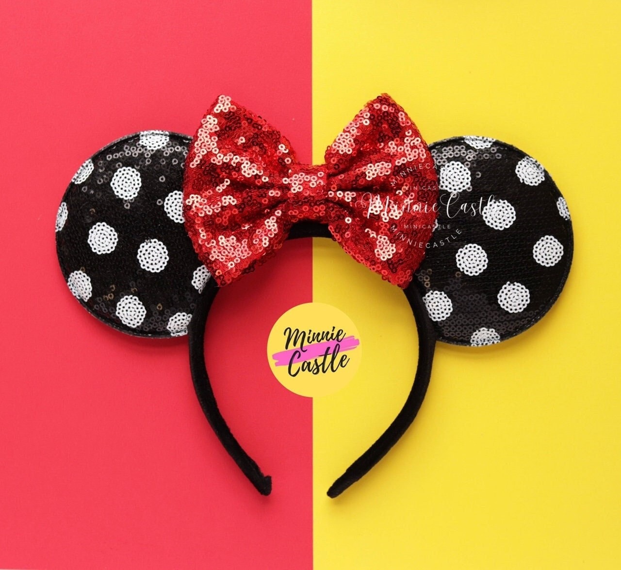 Minnie Mouse Ears Red Sequin White Polka Dot Sparkle Headband Black Bow‎ Disney PHOTOS: New Classic Sequin Minnie Mouse Ears Sparkle at  main image 2