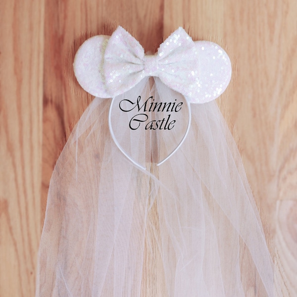 Bride Minnie ears, Bride Mickey ears with Veil , Bride ears, White Bride Mouse ears Headband, honeymoon ears, Wedding ears, engagement ears