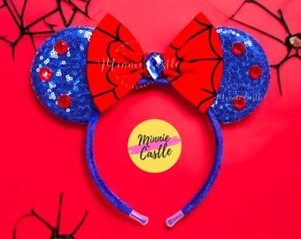Spider Web Bow Mouse Ears, Mickey Ears, Spider Minnie Ears for Girls and Women, Red & Blue Characters Ears - Comfortable and lightweight