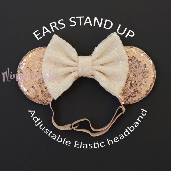 Rose Gold Ivory Mickey Ears, Baby Toddlers Minnie Ears, Mickey Ears, Minnie Ears, Mouse Ears Elastic Headband, Mickey Ears, Blush Mouse Ears