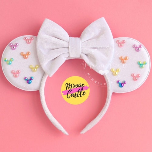 White Mickey Pearl Ears, Minnie Rainbow Pearl Mouse Ears 