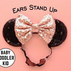 Minnie Ears, Rose Gold Minnie Ears, Mickey Ears, Baby Toddlers Minnie Ears, Minnie Ears, Mouse Ears with Elastic Headband, Mickey Ears