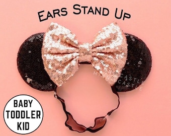 Minnie Ears, Rose Gold Minnie Ears, Mickey Ears, Baby Toddlers Minnie Ears, Minnie Ears, Mouse Ears with Elastic Headband, Mickey Ears