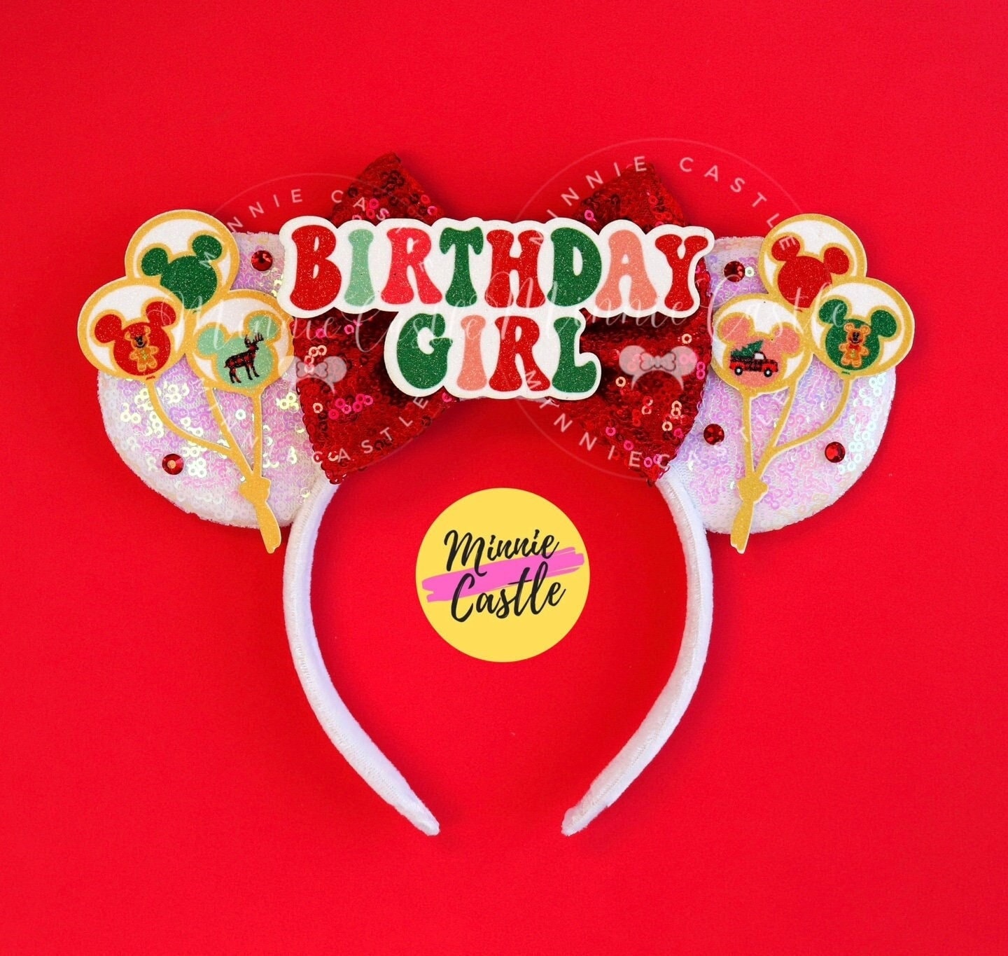 Christmas Holiday Birthday Ears, Mickey Ears, Birthday Girl Christmas Minnie Ears Headband with Red and Green Balloons, Gift for Kids Adults