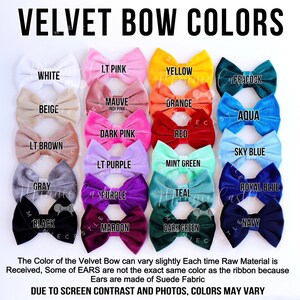 May include: A collection of velvet bows arranged in a grid, labeled with colors including white, beige, light brown, gray, black, light pink, mauve, dark pink, light purple, purple, maroon, yellow, orange, red, mint green, teal, dark green, peacock, aqua, sky blue, royal blue, and navy.