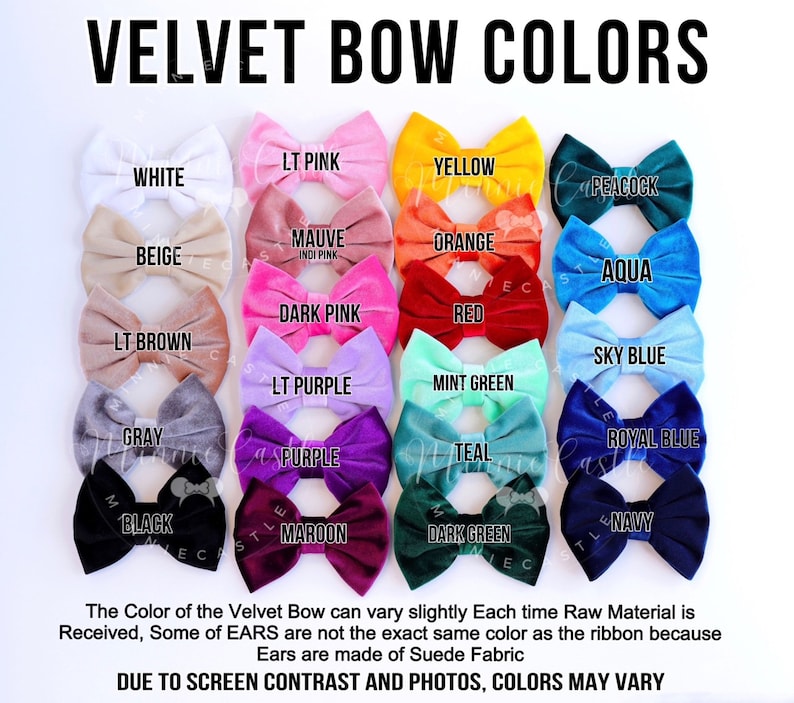 May include: A collection of velvet bows arranged in a grid, labeled with colors including white, beige, light brown, gray, black, light pink, mauve, dark pink, light purple, purple, maroon, yellow, orange, red, mint green, teal, dark green, peacock, aqua, sky blue, royal blue, and navy.