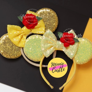 Belle Mickey Ears Princess Minnie Ears, Minnie Ears, Beauty and The Beast Ears, Yellow and Gold Minnie Ears with Rose, Mouse Ears Headband